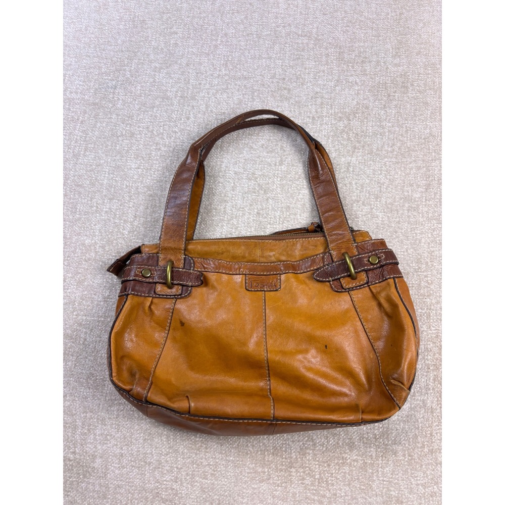 Vintage Fossil Tan Brown Leather Shoulder Bag Paisley Lining Buckle Satchel